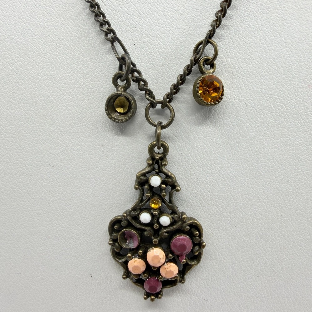 Antique Bronze Tone Statement Necklace Multi-Color Cabochon Boho Festival Gift